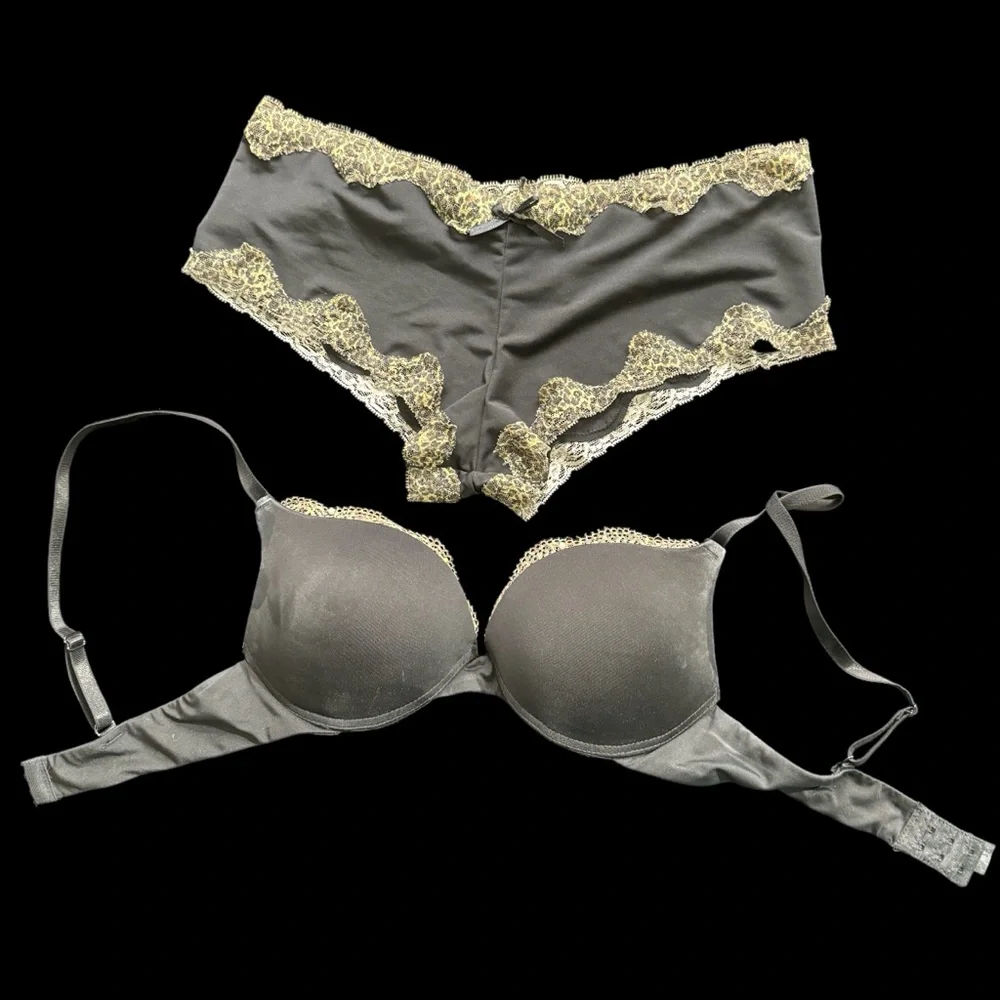 NWOT -Women’s Black Bra & Panty Set -Besima -Cheetah Print Edging -Sizes 34B & 7 - Picture 7 of 12
